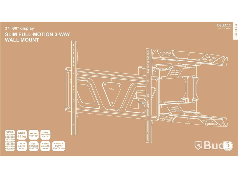 Skärmfäste DELTACO Office, slim full-motion 3-way wall, 37-80 tum