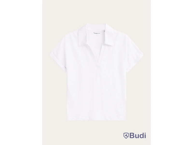 Polotröja Knowledge Cotton Apperal, linen v-neck, vit, stl. M