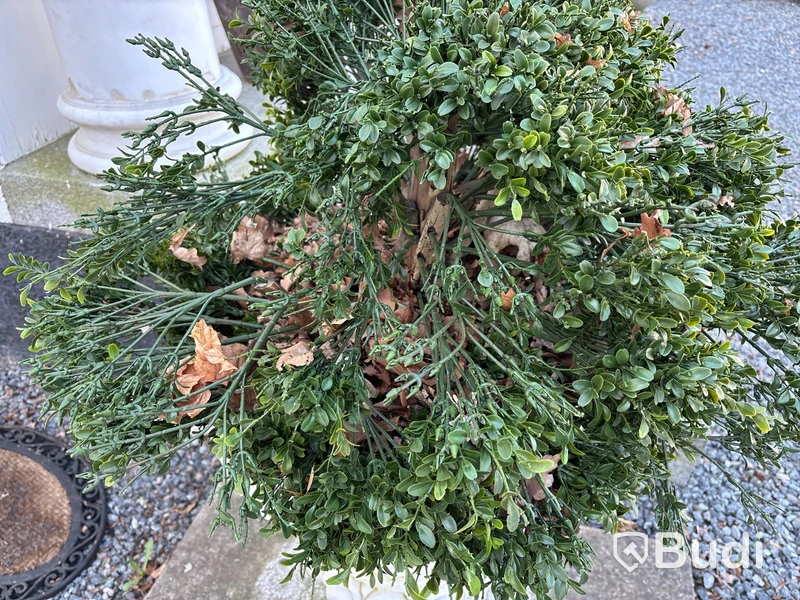 2 st. Blomkrukor i marmor, vita, inkl. konstväxt