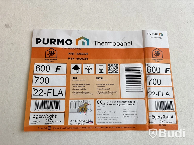Radiator Purmo, 22-FLA, ansl. Höger