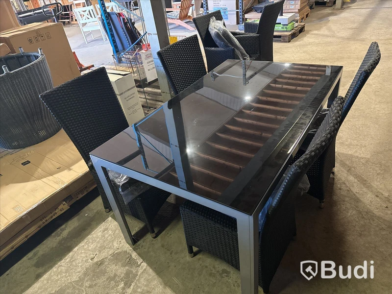 Ny, Trädgårdsrupp bord glasskiva 150x90, 4 st konstrottingstolar