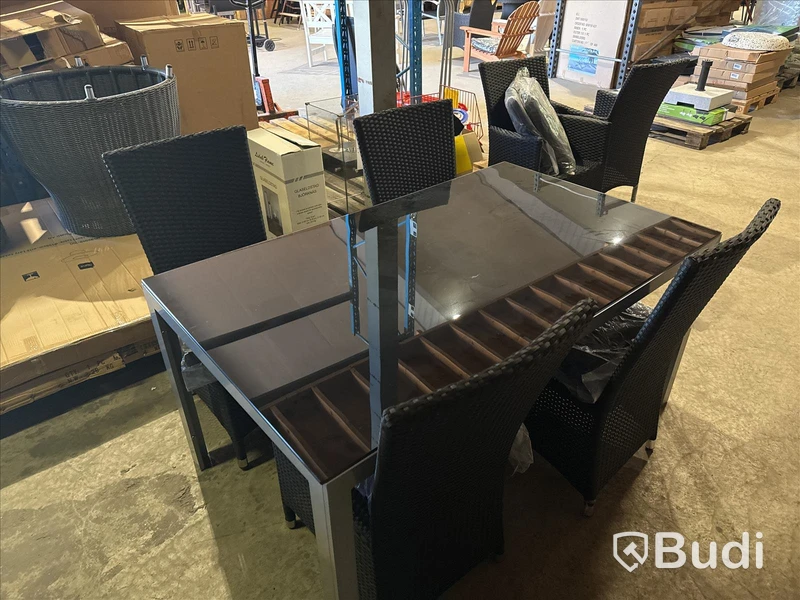 Ny, Trädgårdsrupp bord glasskiva 150x90, 4 st konstrottingstolar