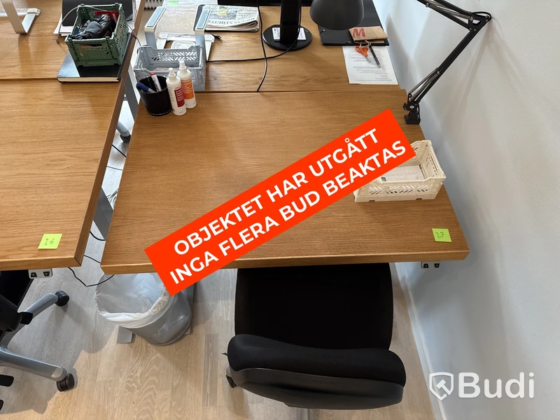 Höj- och sänkbart skrivbord i ekfanér med kontorsstol och lampa