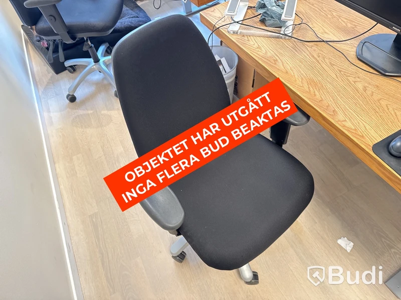 Höj- och sänkbart skrivbord i ekfanér med kontorsstol och skärm