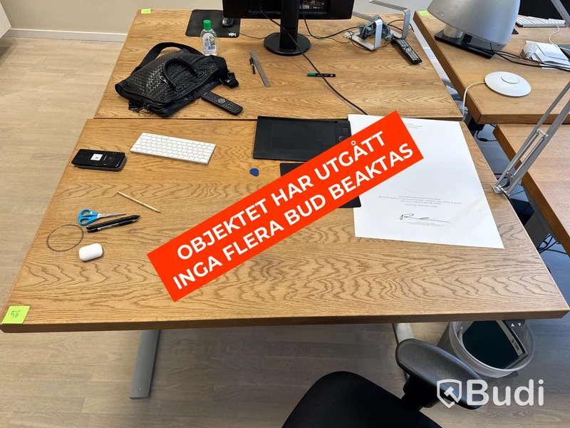 Höj- och sänkbart skrivbord i ekfanér med kontorsstol och lampa