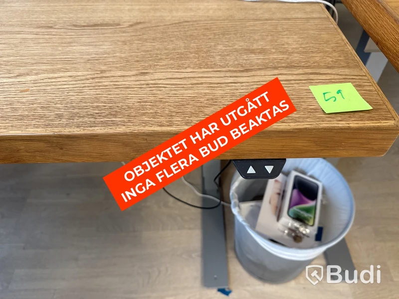 Höj- och sänkbart skrivbord i ekfanér med kontorsstol och lampa