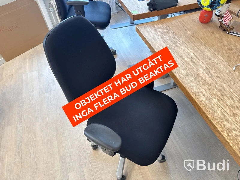 Höj- och sänkbart skrivbord i ekfanér med kontorsstol och lampa