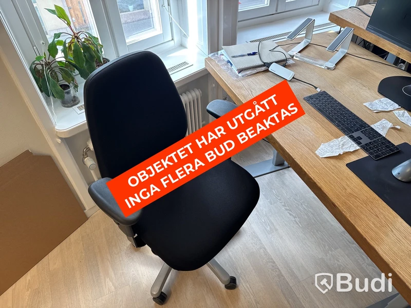 Skrivbord i ekfanér med kontorsstol, skärm och lampa