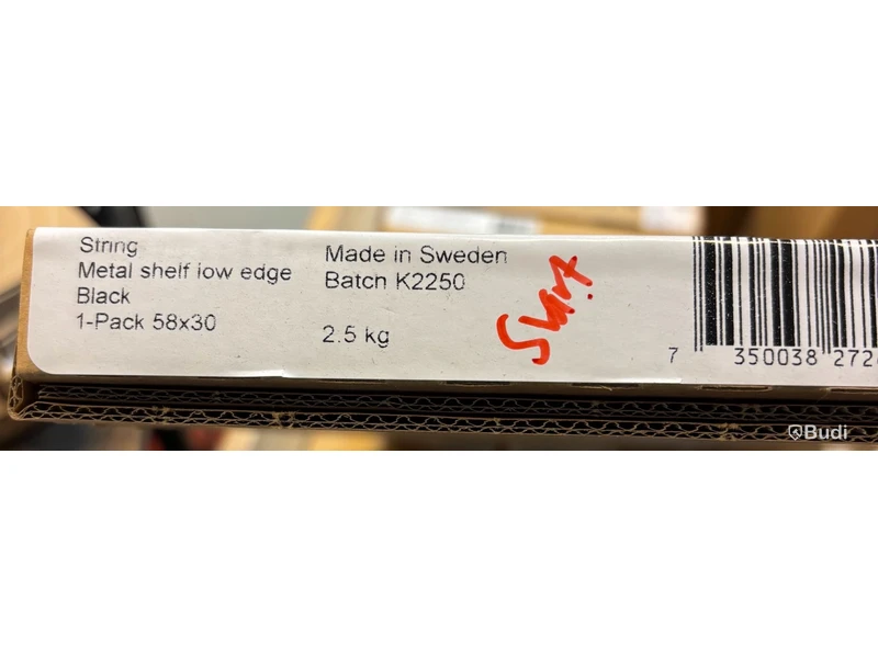 2 st. Hyllplan String, låg kant metall, svart 58x30, Totalt ord. pris inkl. moms: ca 1600 kr