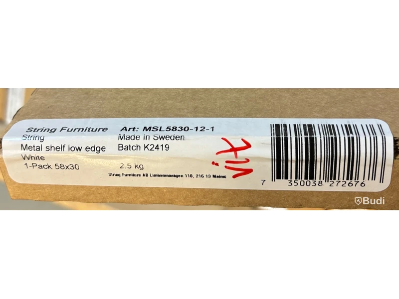 2 st. Hyllplan String, låg kant metall, vit 58x30, Totalt ord. pris inkl. moms: ca 1600 kr