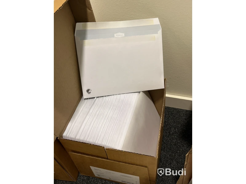 Samling kontors och förbrukningsmaterial, Leitz laminator, papper, kuvert m.m.