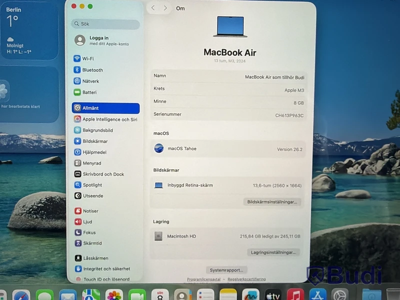 MacBook Air M3, 13,6-tum Retina-skärm, 256 GB SSD, 8 GB RAM