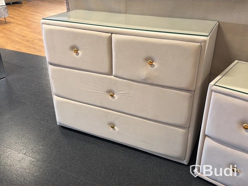 Byrå samt 2 st sängbord, beige sammet