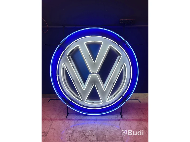 Neonskylt Volkswagen-logotyp, blått glas