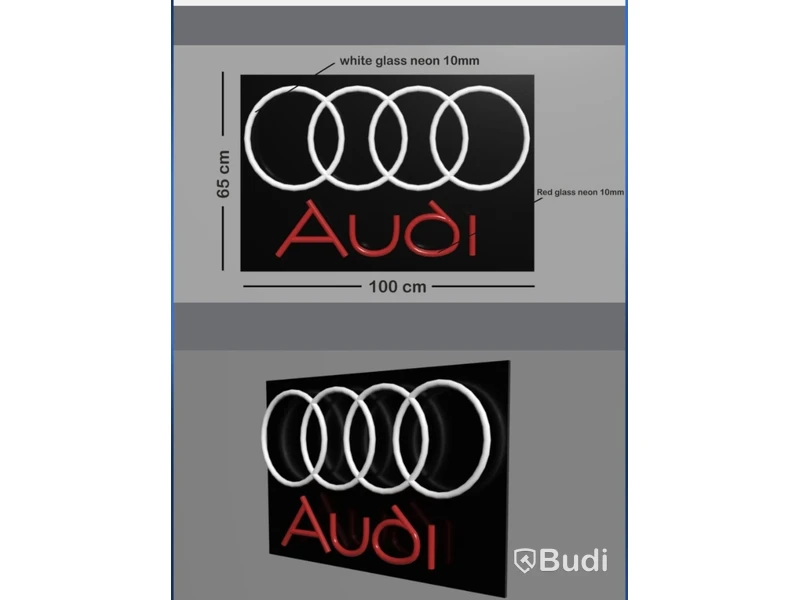 Neonskylt Audi logotyp, röd/vit, glas