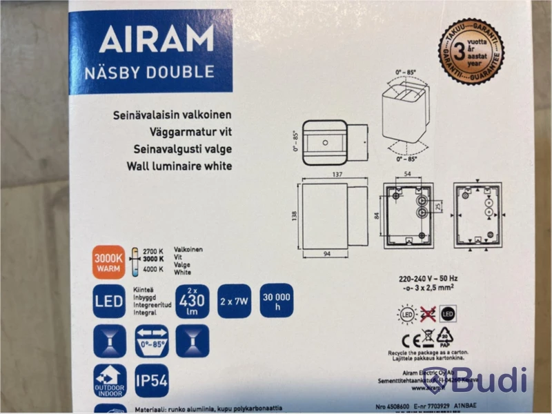 3 ST. VÄGGARMATURER AIRAM, NÄSBY, 2X6W/830 VI, A1NBAE