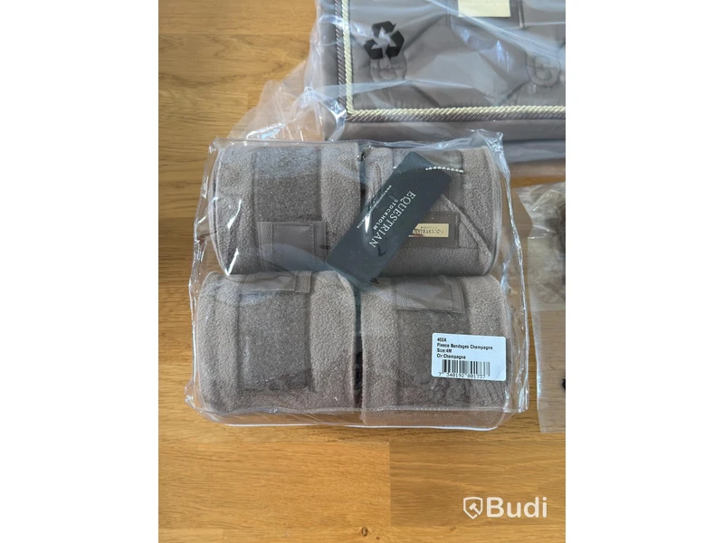 Dressage saddle pad, leg wraps and ear bonnet, Equestrian Stockholm, champagne