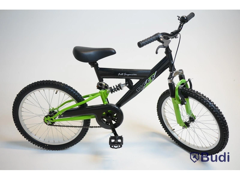 (NEW) Tiger bicycle, full-suspension MTB, 20-inch wheels, 10-inch frame, black/green