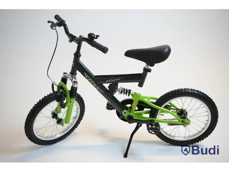 (NEW) Tiger bicycle, full-suspension mountain bike, 16-inch wheels, 8-inch frame, black/green