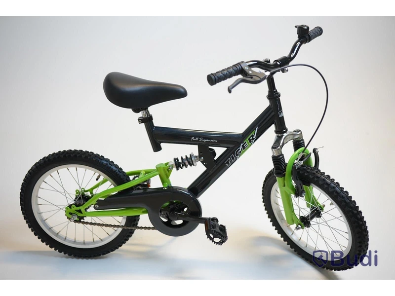 (NEW) Tiger bicycle, full-suspension mountain bike, 16-inch wheels, 8-inch frame, black/green