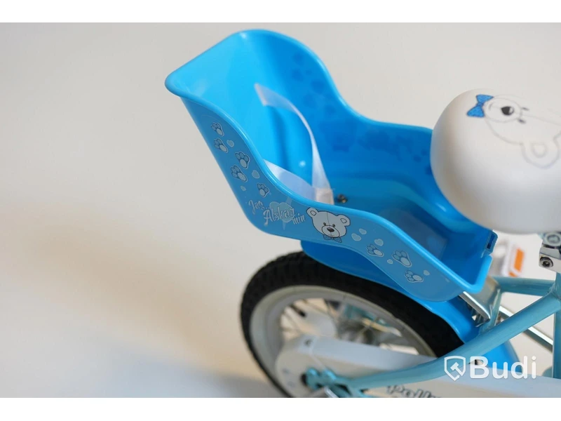 (NEW) Pollux bicycle incl. training wheels, with doll seat, 12-inch wheels, 6-inch frame, blue