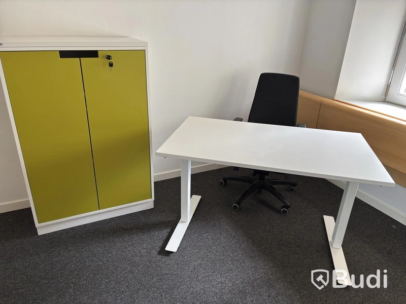 Height-adjustable desk incl. document cabinet and office chair