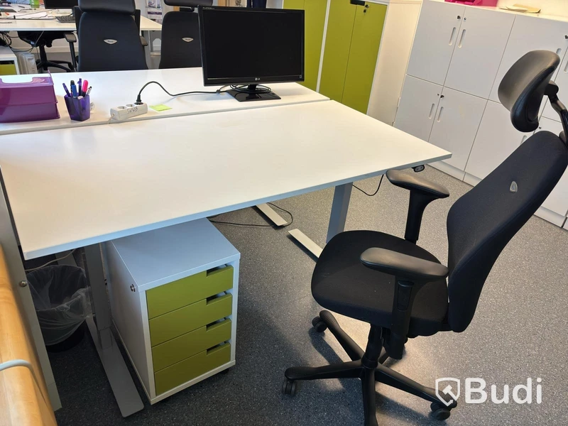 Height-adjustable desk incl. office chair and drawer unit