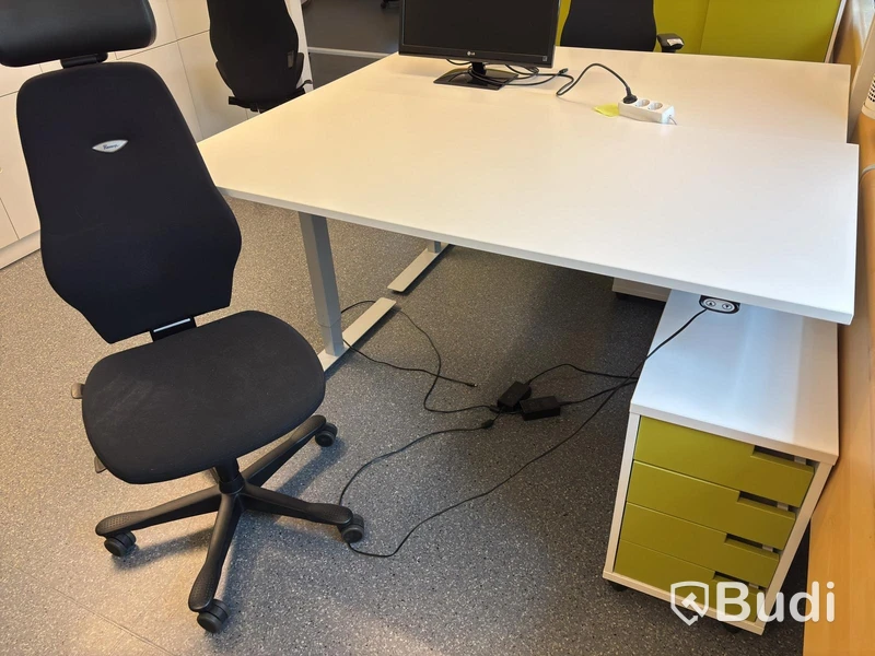 Height-adjustable desk incl. office chair and drawer unit