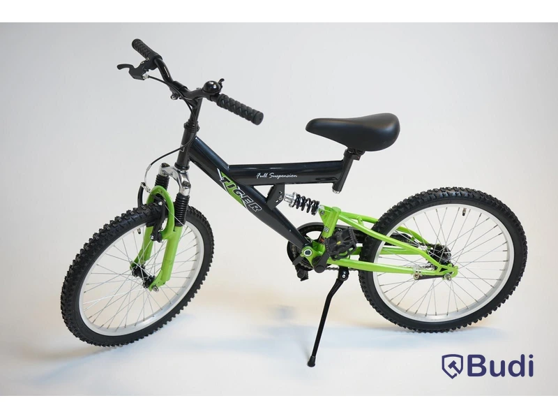 (NEW) Tiger bicycle, full-suspension MTB, 20-inch wheels, 10-inch frame, black/green