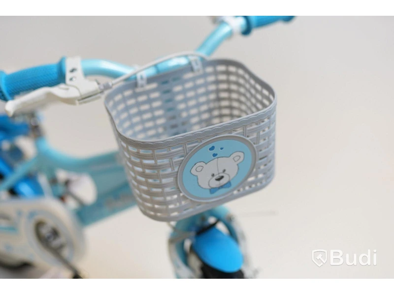 (NEW) Pollux bicycle incl. training wheels and doll seat, 12-inch wheels, 6-inch frame, blue