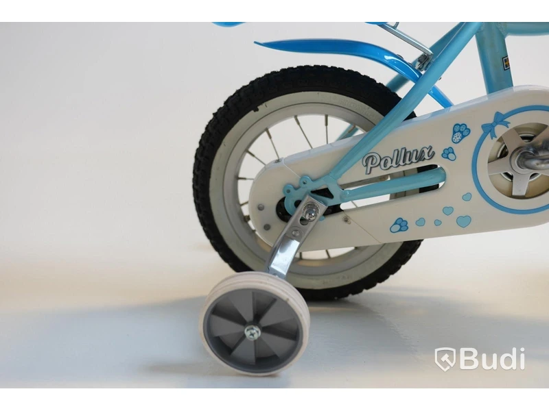 (NEW) Pollux bicycle incl. training wheels and doll seat, 12-inch wheels, 6-inch frame, blue