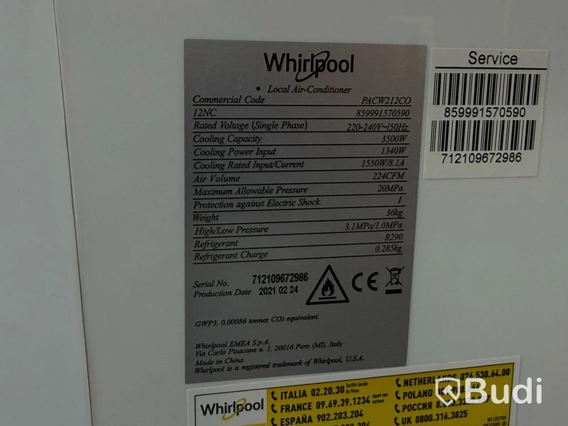 Portable Air Conditioner Whirlpool PICW12CO, 3500 W