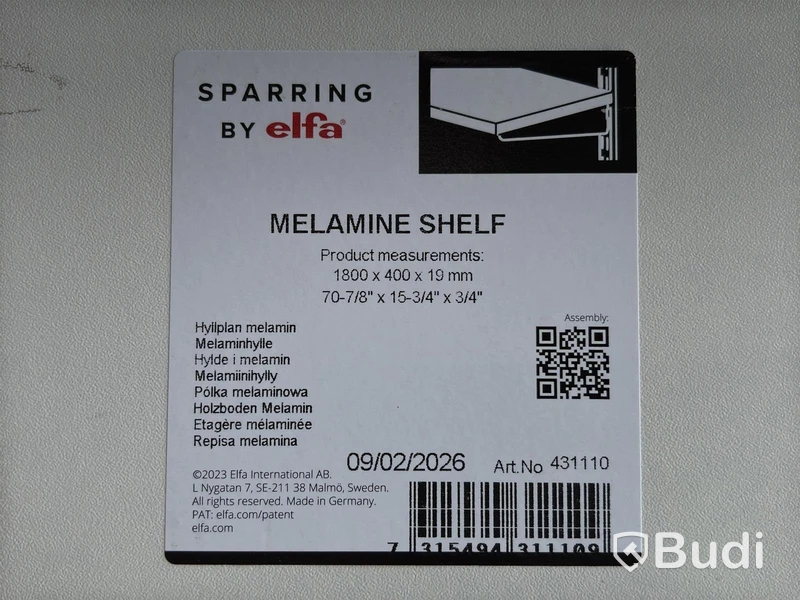 2 st. HYLLPLAN ELFA MELAMIN 1800X400X19MM