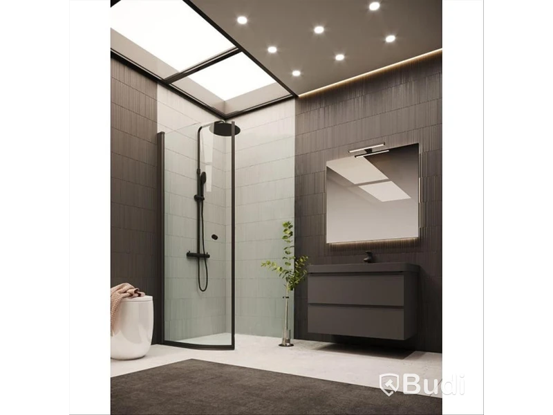 (NEW) ARROW DOOR SHOWER DOOR, 90 CM, ROUNDED, CLEAR GLASS, BLACK