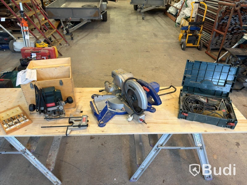 Hand router, mitre saw, drill