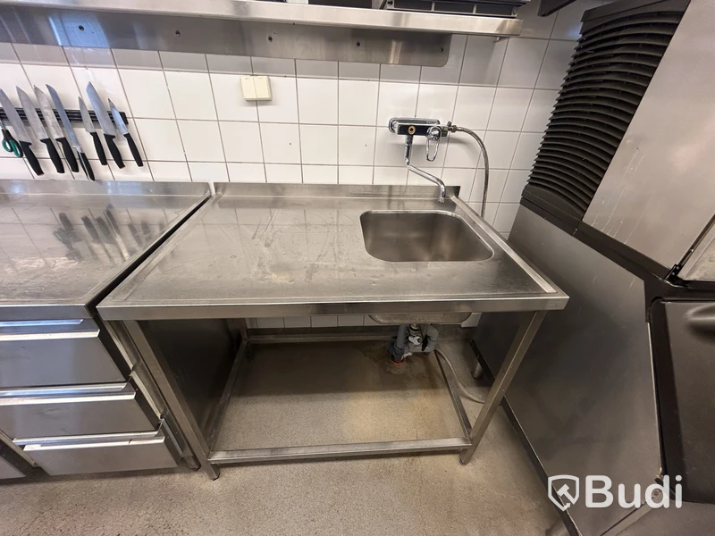 Stainless steel work table with sink, 108×75×90 cm