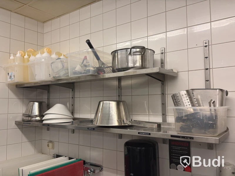 4 stainless steel shelves with contents, including gastronorm pans