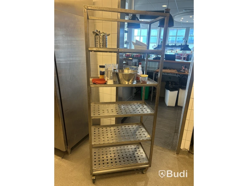 Stainless steel shelving unit on casters, 72 x 175 x 43 cm