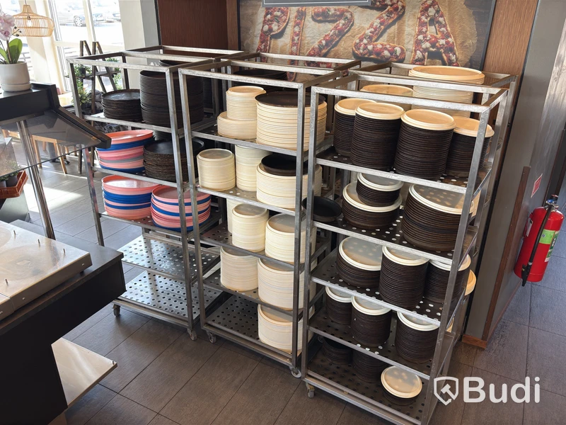 6 stainless steel trolleys with pizza pans and lids