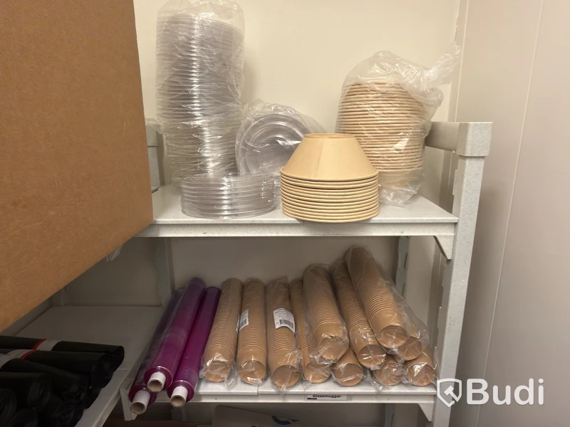 Shelving system with contents, including disposable items and dry goods