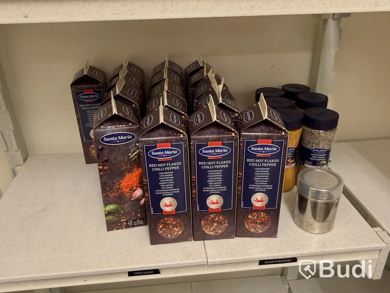 Shelving system with contents, including disposable items and dry goods