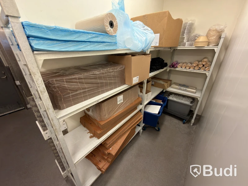 Shelving system with contents, including disposable items and dry goods