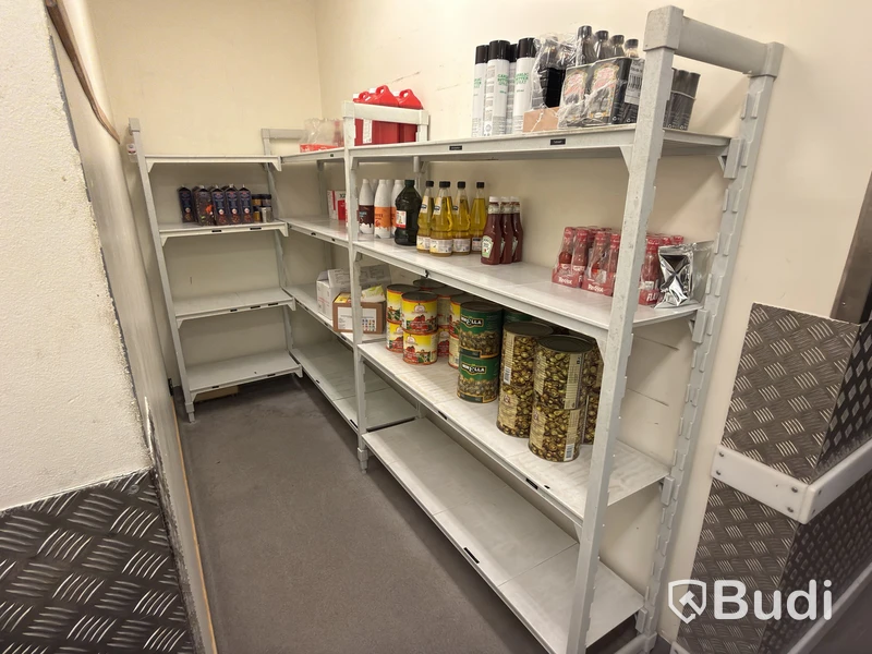 Shelving system with contents, including disposable items and dry goods