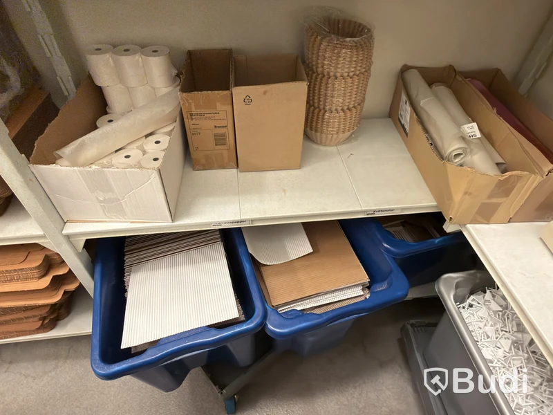 Shelving system with contents, including disposable items and dry goods