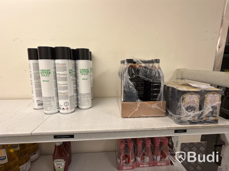 Shelving system with contents, including disposable items and dry goods