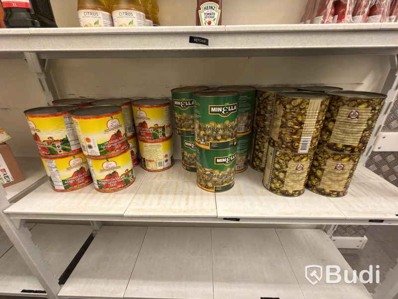 Shelving system with contents, including disposable items and dry goods