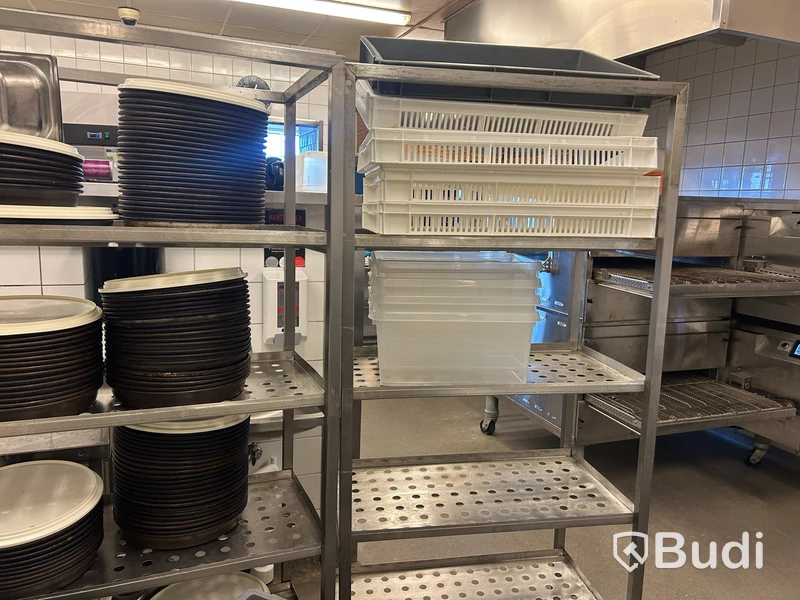 3 stainless steel shelving units with contents and bins