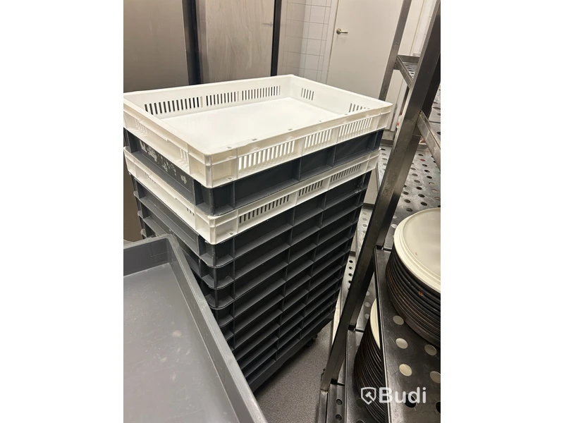 3 stainless steel shelving units with contents and bins