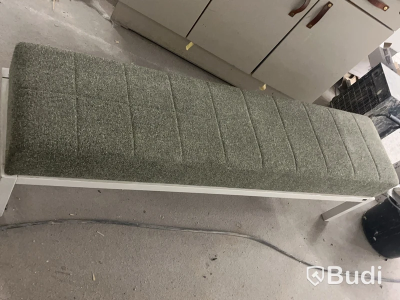 Bench, white wooden frame, green fabric seat