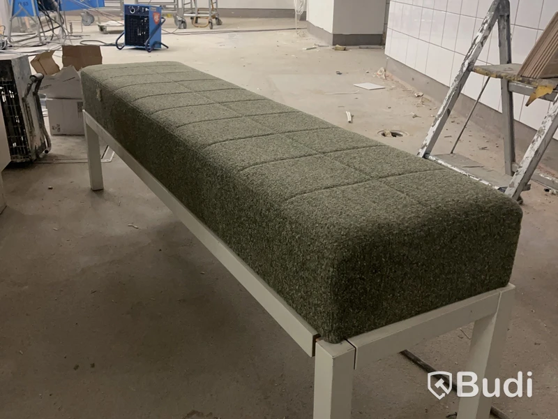 Bench, white wooden frame, green fabric seat